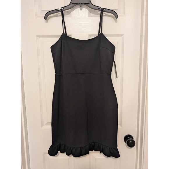 Lulus Dresses & Skirts - Lulus Little Black Mini Dress‎ Ruffle Hem Bodycon Spaghetti Strap Party size L